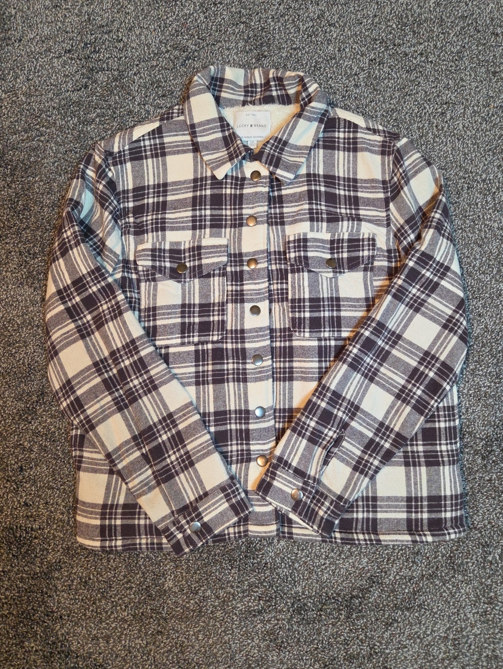 Lucky Brand Womens Plaid Button-Front Shirt Jacket in Cream and Brown